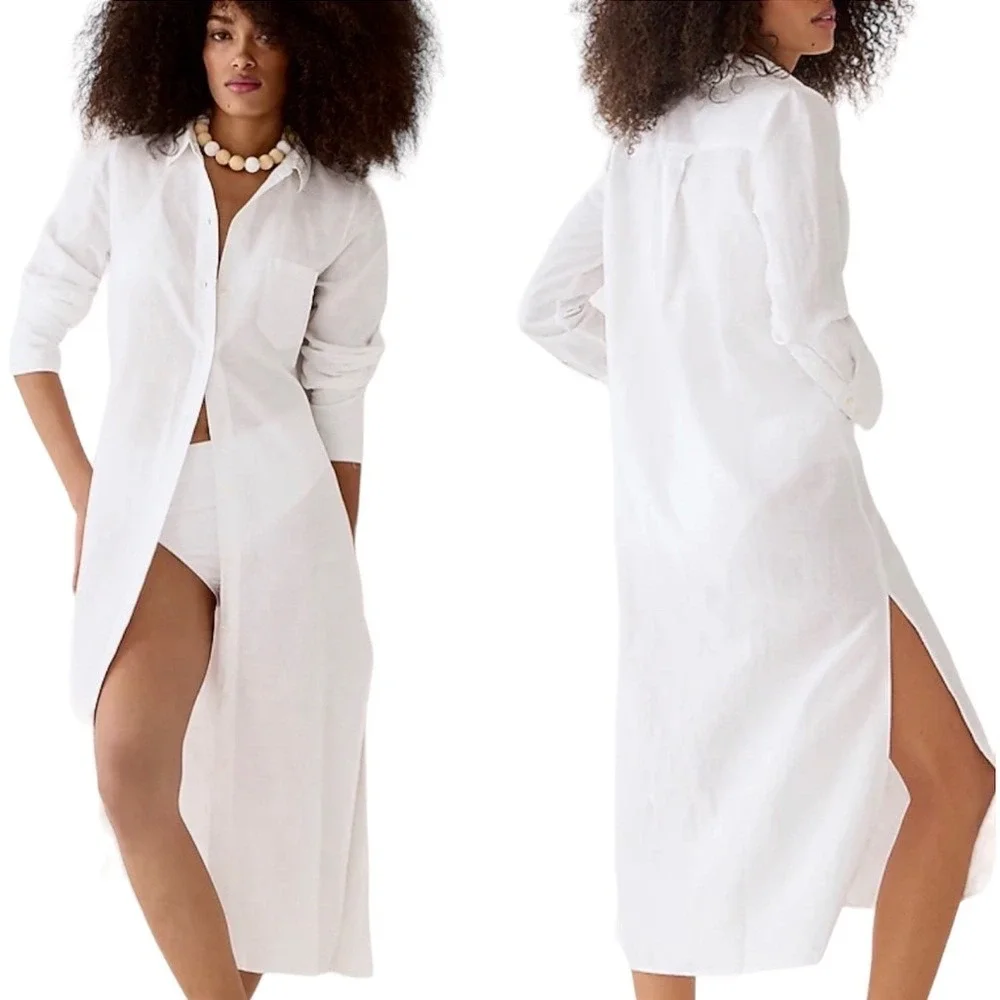 J. Crew White Linen‎ Cotton Blend Button Down Long Beach Shirt XL BP237